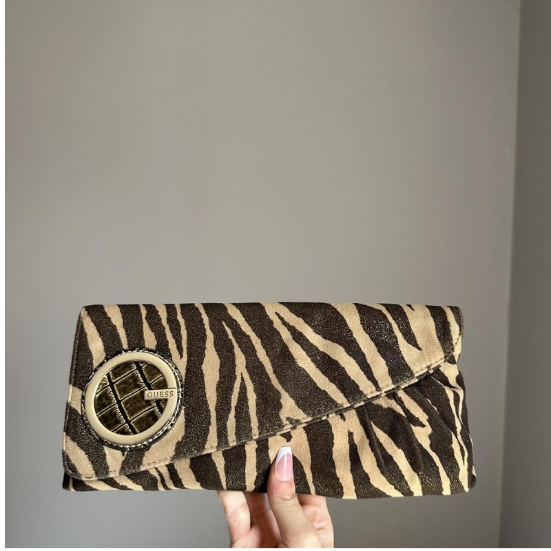 Vintage Tan/Brown Zebra Print Shimmer Guess Clutch — Guess