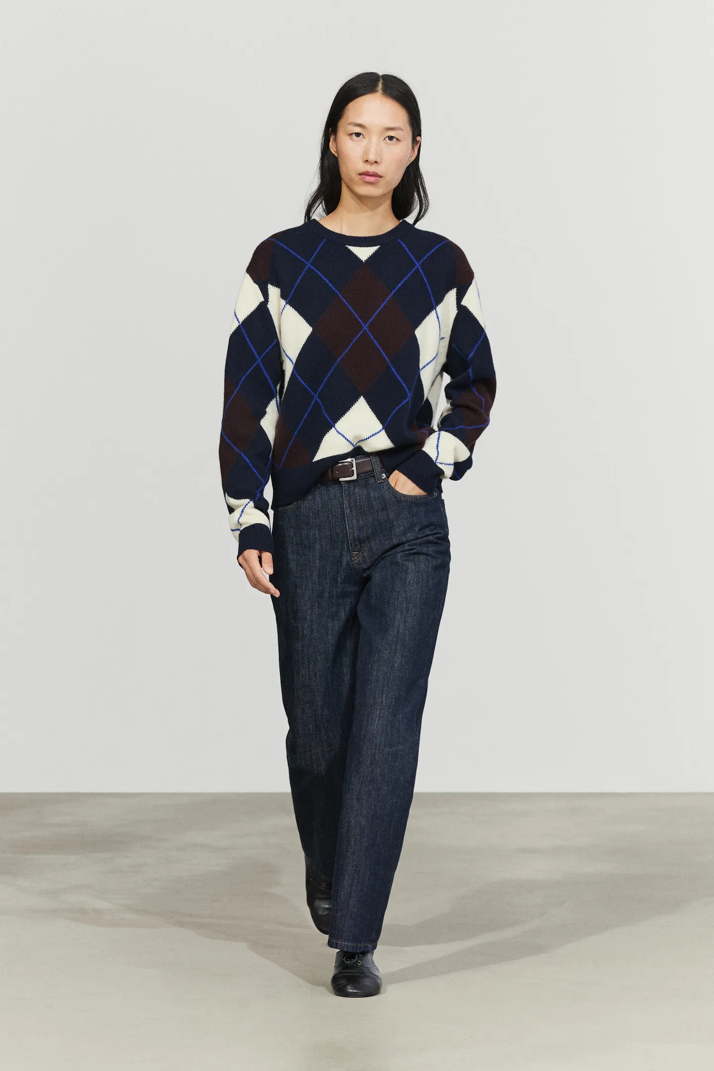100% WOOL KNIT SWEATER WITH ARGYLE DETAIL — Massimo Dutti